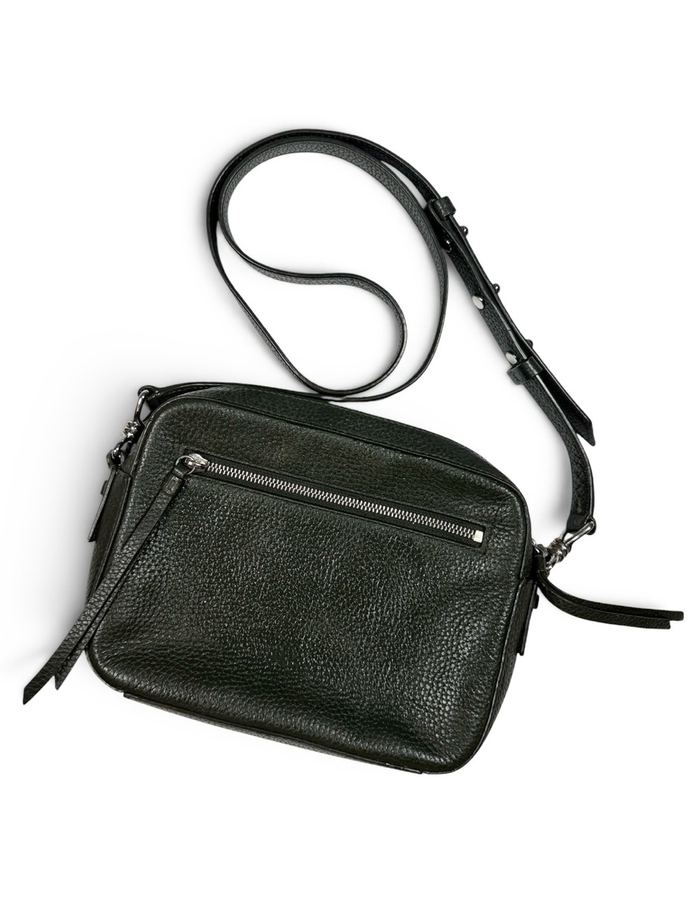 All Saints Captain Leather Square Crossbody Bag in Dark Pebbled Gray Silver
